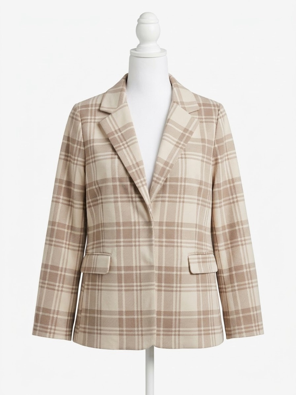 Beige and Cream Plaid Tailored Blazer